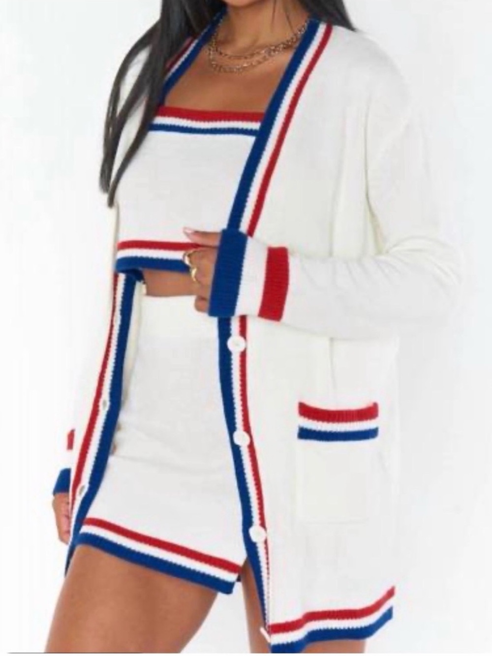 Show Me Your MuMu White Knit Cardigan & Crop Set with Red and Blue Trim